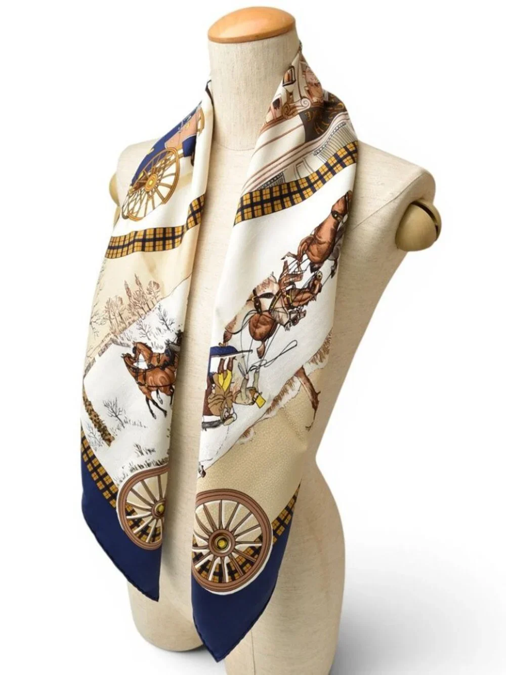 Hermes Carre 90 Scarf Winter Post L'hiver en Poste Vintage Navy White - Picture 8 of 9